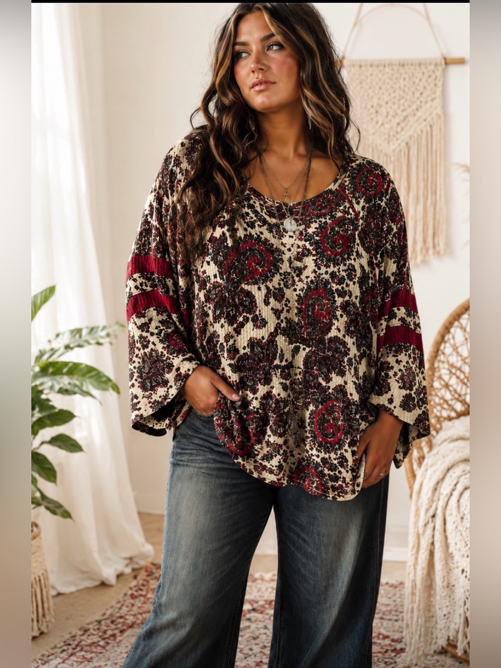 Magenta & Cream y2K Paisley 3/4 Sleeve Round Neck Boho Plus Size Blouse 18-20W